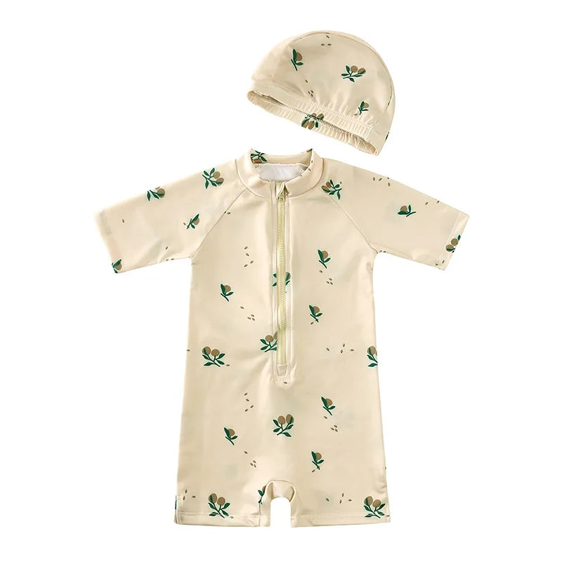 Girls' Floral Backless Swimsuit with Hat