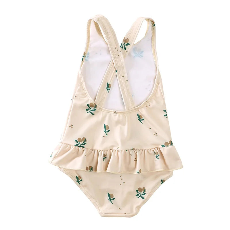 Girls' Floral Backless Swimsuit with Hat