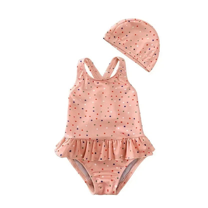 Girls' Floral Backless Swimsuit with Hat