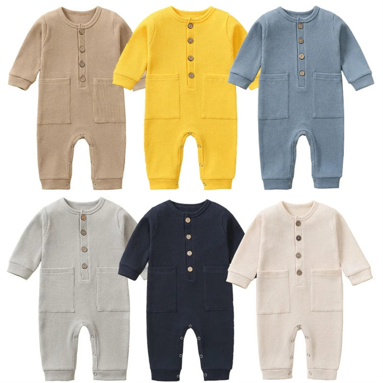 Spring Autumn Newborn Baby Romper Cotton Solid Soft Infant Jumpsuit With Pocket Girl Boy Long Sleeve Bebe Pajamas Wodden Buttons