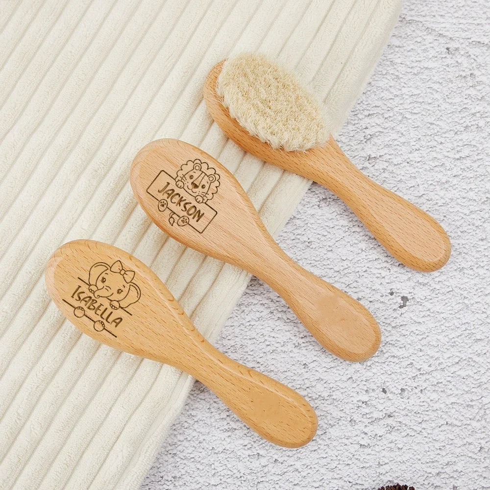 Personalized Wooden Baby Hairbrush with Animal Design