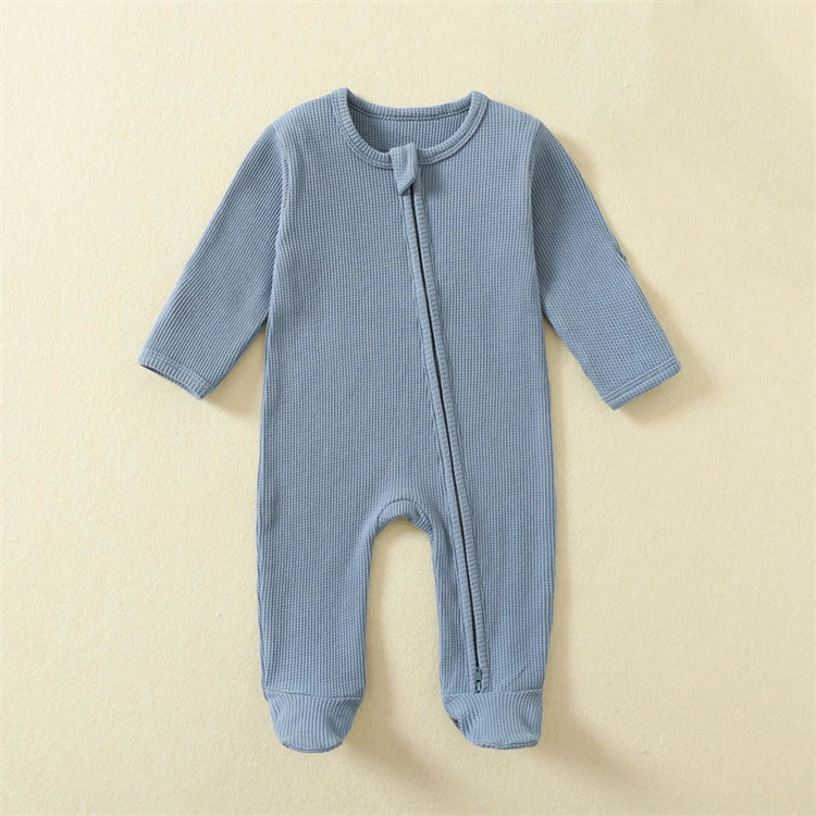 Organic Cotton Baby Rompers Waffle 100% Cotton Infant Boys Girls Jumpsuit Zipper Footed Solid Long-Sleeve Pajamas Sleepsuits