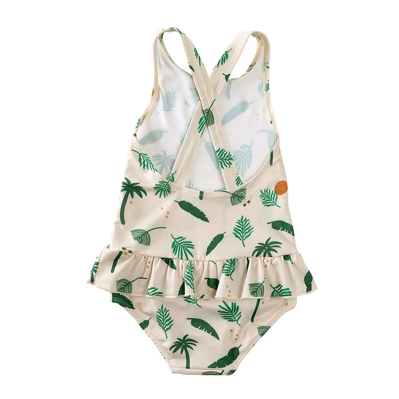 Girls' Floral Backless Swimsuit with Hat