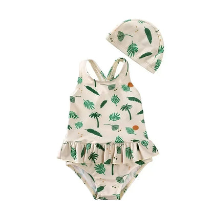 Girls' Floral Backless Swimsuit with Hat