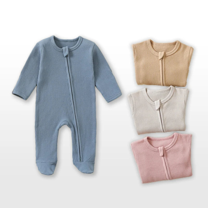 Organic Cotton Baby Rompers Waffle 100% Cotton Infant Boys Girls Jumpsuit Zipper Footed Solid Long-Sleeve Pajamas Sleepsuits