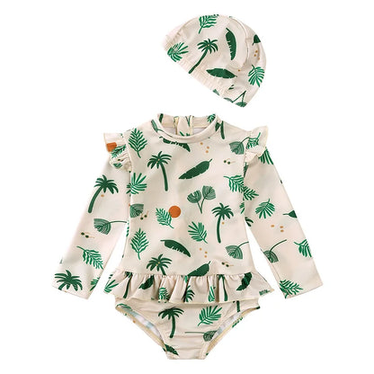 Girls' Floral Backless Swimsuit with Hat