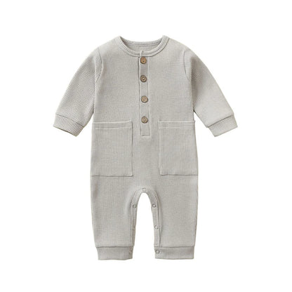 Spring Autumn Newborn Baby Romper Cotton Solid Soft Infant Jumpsuit With Pocket Girl Boy Long Sleeve Bebe Pajamas Wodden Buttons