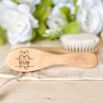 Personalized Wooden Baby Hairbrush with Animal Design